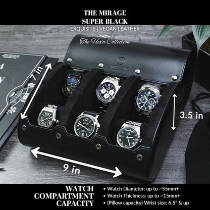 Black Watch Case for Men - 6-watch Roll Travel Case by Mirage - Super Black motif design