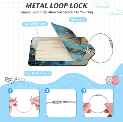 3 Pack Luggage Tag for Suitcase,Marble Gold Blue Leather Luggage Tags with Privacy Cover Name ID Label Identifiers Travel Bag Tags for Women Men Boys Girls