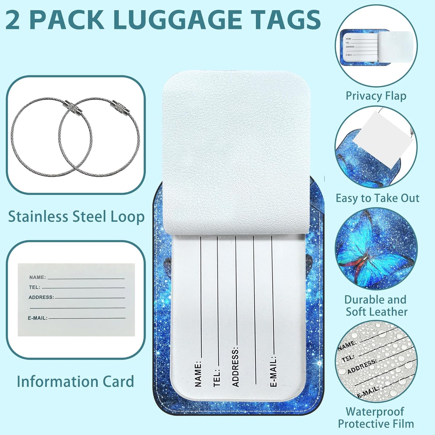 Blue Butterfly Luggage Tag for Suitcase Set of 2 PU Leather Cute Luggage Tags with Stainless Metal Loop ID Label Privacy Flap Suitcase Tags for Women and Men Travel