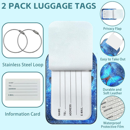 Blue Butterfly Luggage Tag for Suitcase Set of 2 PU Leather Cute Luggage Tags with Stainless Metal Loop ID Label Privacy Flap Suitcase Tags for Women and Men Travel