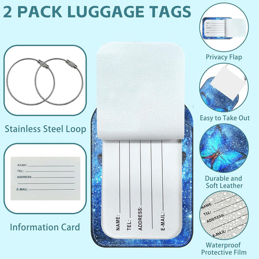Blue Butterfly Luggage Tag for Suitcase Set of 2 PU Leather Cute Luggage Tags with Stainless Metal Loop ID Label Privacy Flap Suitcase Tags for Women and Men Travel