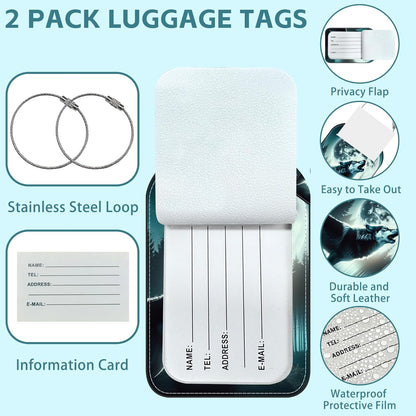 2 Pack Cute Luggage Tag for Suitcases Howling Wolf Leather Luggage Tags with Stainless Steel Loop Privacy Flap Name Tags,Men and Women Travel Bag Suitcase Tags