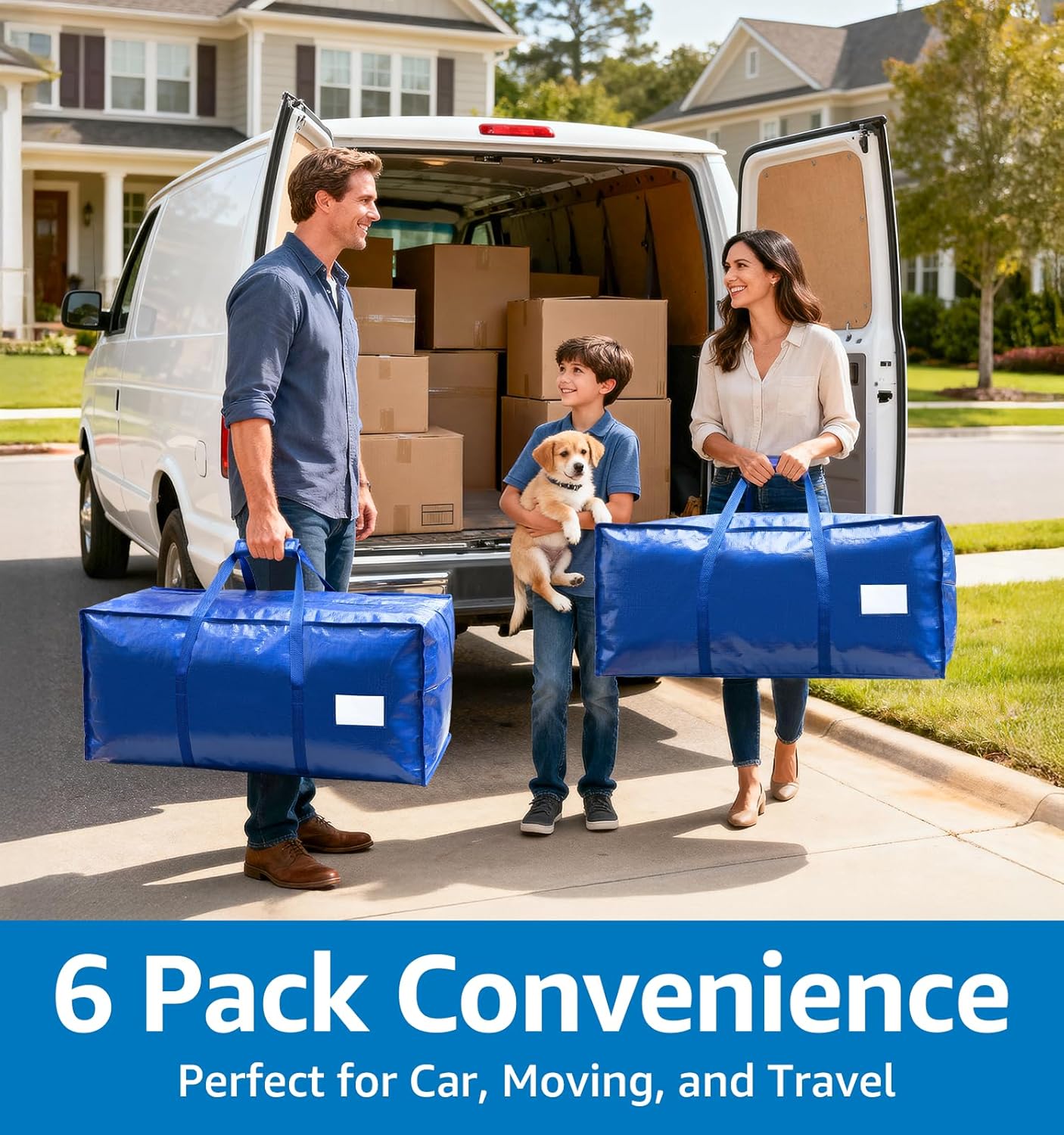 6 Pack Heavy Duty Moving Bags with Padded Wrap Around Handles-Strengthened Zipper Extra Large Storage Totes for Dorm College Clothes Blue