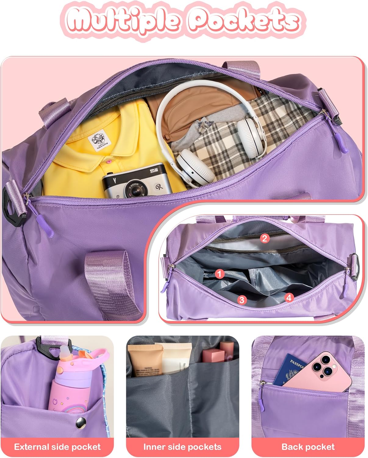 Gifts for 4 5 6 7 8 9 10 11 Year Old Girls-Girl Gym Bag with Shoe Compartment, Kid Personalized Weekender Overnight Bags, Initial Travel Tote with Makeup Pouch, Graduation Gift (Letter A)