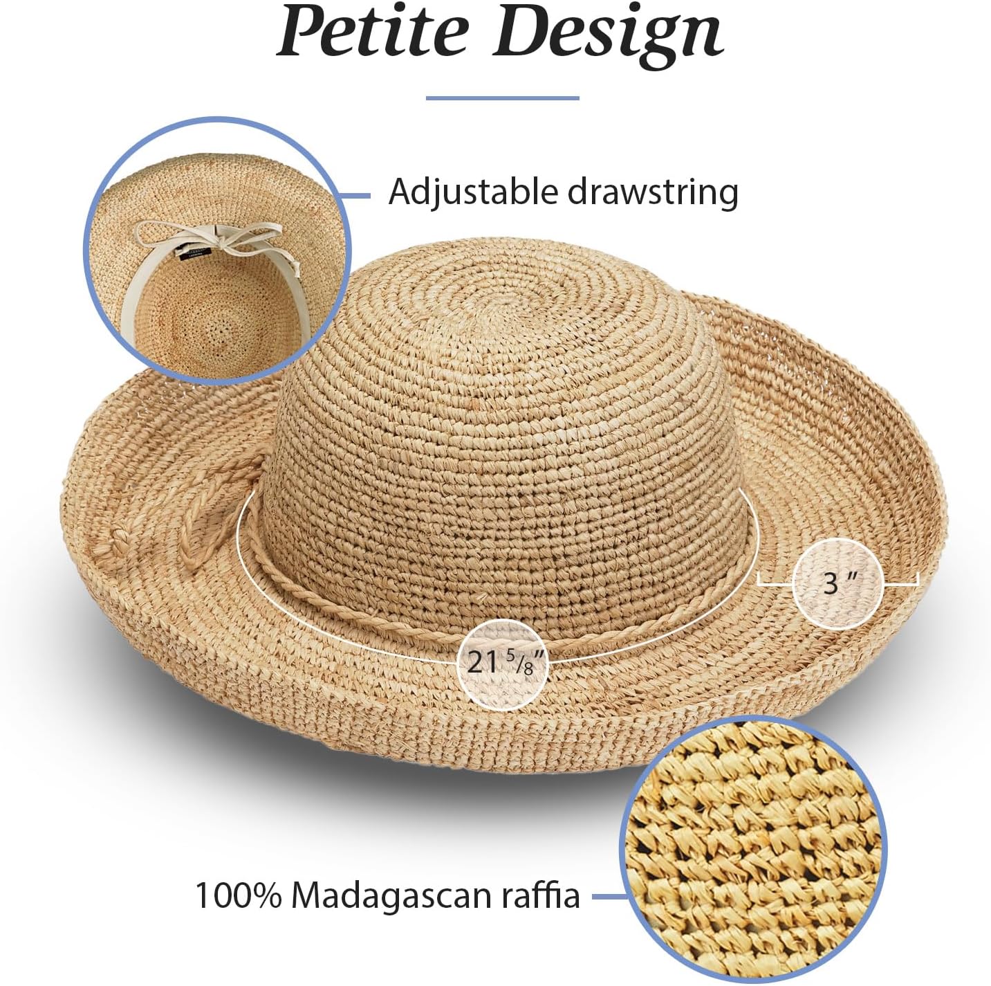 Wallaroo Hat Company – Women’s Petite Catalina Sun Hat – Wide Brim, Natural Fiber, Adjustable Sizing for Smaller Crown Sizes