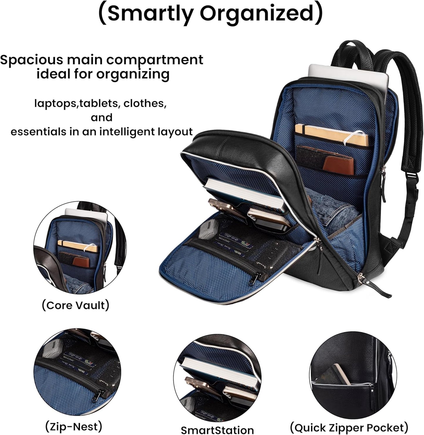 LEATHER VILLAGE Leather Laptop Backpack for Men |Black | Slim Professional Business Bag Fits 15.6”-Laptop | Water-Repellent Work & Travel Daypack with Trolley Strap