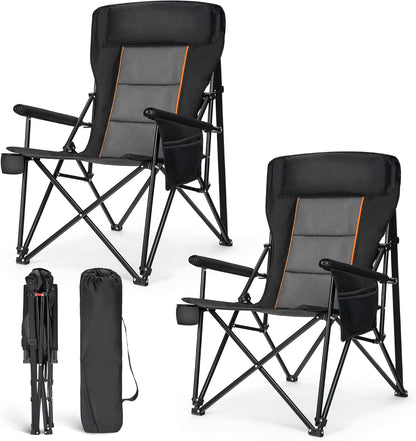 ALPHA CAMP Oversized Folding Camping Chairs for Adults High Backrest Heavy Duty Lawn Chairs Support 500 LBS Portable Camp Chairs with Cup Holders Large Side Pocket Outdoor Chair 2 Pack