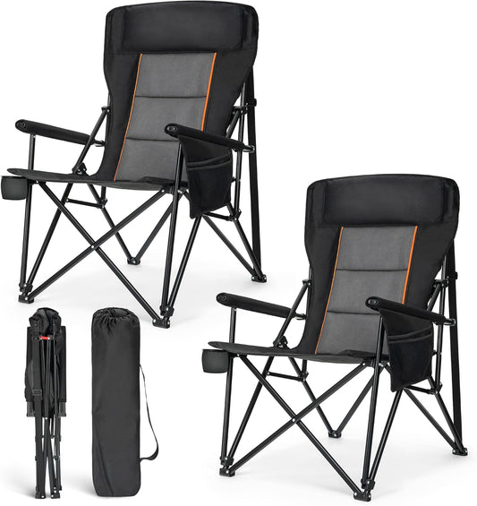 ALPHA CAMP Oversized Folding Camping Chairs for Adults High Backrest Heavy Duty Lawn Chairs Support 500 LBS Portable Camp Chairs with Cup Holders Large Side Pocket Outdoor Chair 2 Pack