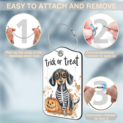 Halloween Funny Dachshund Dog and Pumpkin Set of 2 Luggage Tags for Suitcases Leather Suitcase Tags with Privacy Name Address Label and Stainless Steel Loop for Women Men Travel Luggage Accessories