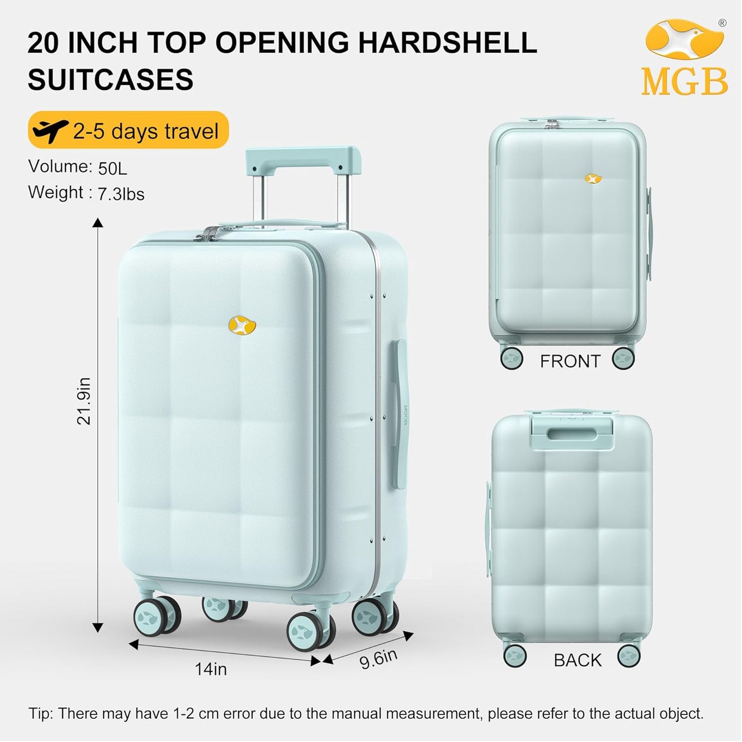 MGB 20 Inch Top Open Carry On Luggage 22x14x9 Airline Approved, Hard Shell Carry On Suitcase with Spinner Wheels, Travel Small Luggage Built-in TSA Lock for Women Men Gifts (Aquamarine)