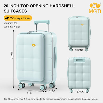 MGB 20 Inch Top Open Carry On Luggage 22x14x9 Airline Approved, Hard Shell Carry On Suitcase with Spinner Wheels, Travel Small Luggage Built-in TSA Lock for Women Men Gifts (Aquamarine)