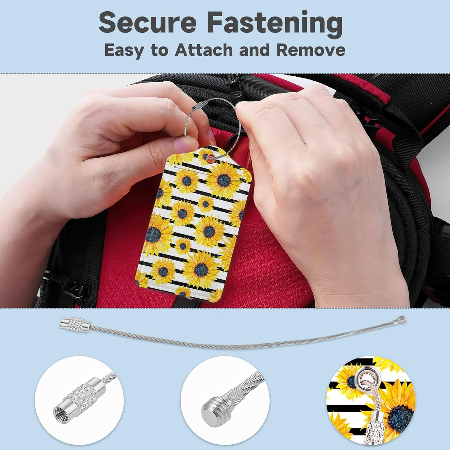 2 Pack Luggage Tag for Suitcase,Sunflowers Striped Leather Suitcase Tags Identifiers with Privacy Name Address Labels and Durable Steel Loop for Women Men Travel