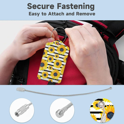 2 Pack Luggage Tag for Suitcase,Sunflowers Striped Leather Suitcase Tags Identifiers with Privacy Name Address Labels and Durable Steel Loop for Women Men Travel