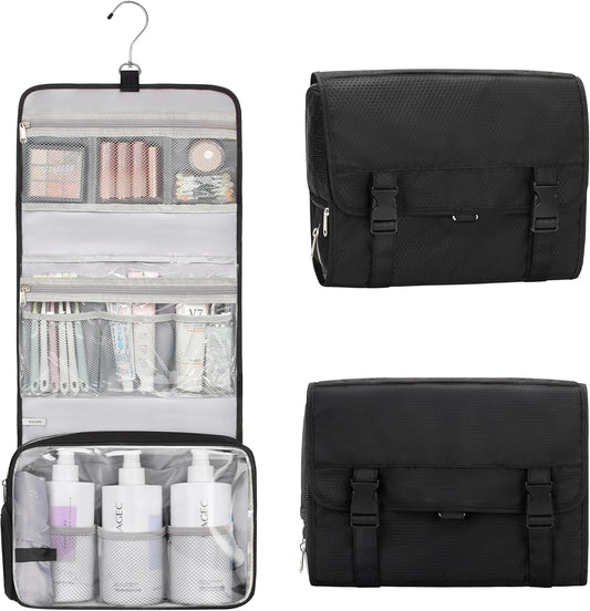 Relavel Hanging Toiletry Bag with Shoes Pocket, 360° Hook Travel Cosmetic Organizer, Waterproof, Multi-function for Makeup and Toiletries, Portable Storage Bag for Gym, Camping, Travel - Black