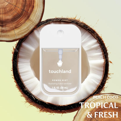 Touchland Hydrating Hand Sanitizer Spray Bundle, DREAM 5 Set (Watermelon, Berry, Beach Coco, Sandalwood Power Mists, Icy White Hand Mist Case), 1 FL. OZ. Travel Size