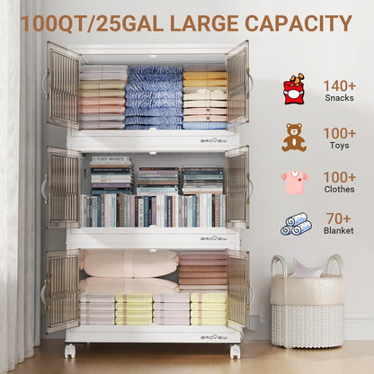 BROVIEW 400Qt Stackable Storage Bins with Lid, Extra Large Closet Organizer Collapsible Drawer Boxes with Wheels, Folding Plastic Cabinet Containers for Home Kitchen Room Organization, 4Pack White