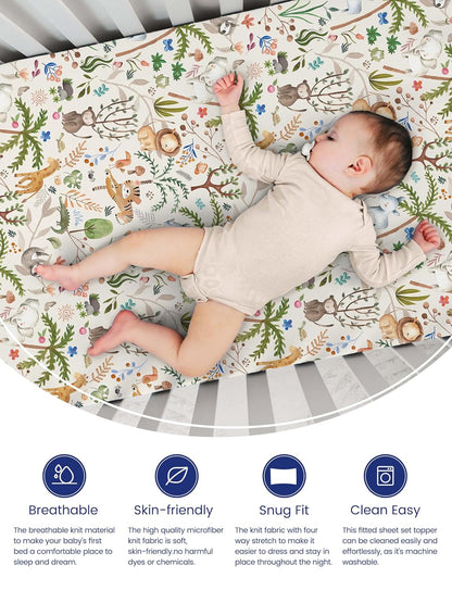 TotAha Premium Soft Graco Pack n Play Sheets Fitted, Super Stretchy Jersey Knit Mini Crib Sheets Fitted, Silky Comfort Pack and Play Mattress Sheets, 2 Pack (Happy Zoo & Jungle)
