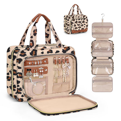 Wedama Toiletry Bag for Women, Hanging Travel Toiletry Bag with Jewelry Organizer Compartment Large Makeup Bag, PVC Waterproof Cosmetic Travel Bag Trips Camping Bathroom, Leopard Print