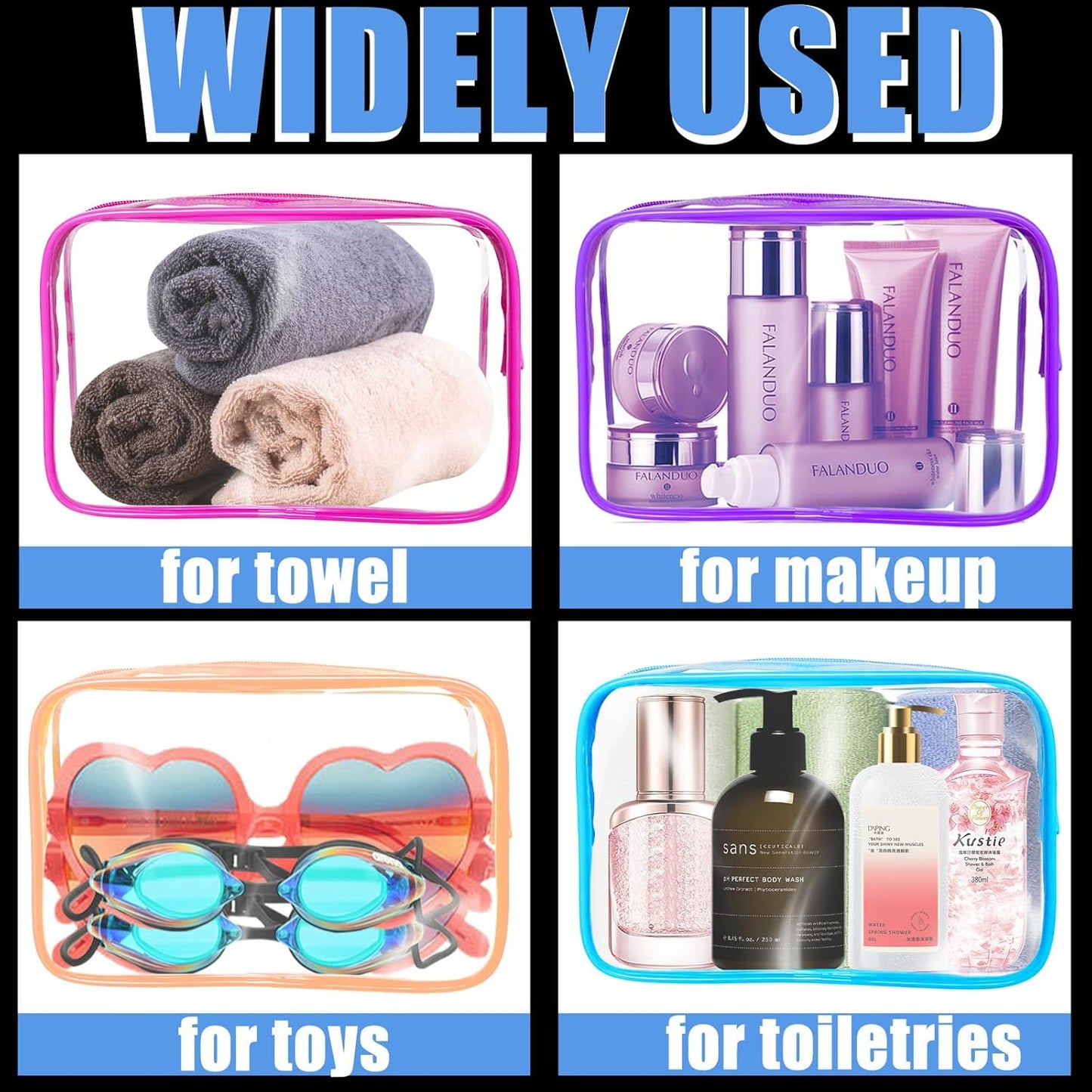 4Pack Clear Makeup Bags Waterproof Organizer Bags with Zipper Transparent Travel Cosmetic Bag TSA Approved Toiletry Bag Pouch Case for Vacation Airport Airline Compliant (Multicolour, Medium)