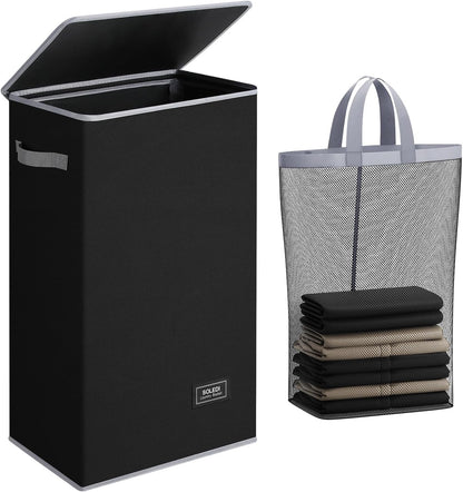SOLEDI Slim Laundry Hamper with Lid, Narrow Laundry Basket with Removable Bags, Dirty Clothes Hamper with handle, Small Hamper perfect for Laundry room, Bathroom, Bedroom, Small spaces. 70L Black