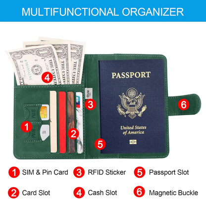 Passport Holders, RFID Blocking Credit Card Holder, PU Leather Passport Holders for Travel with Magnetic Buckle, Travel Must Haves Cruise Ship Essentials for Men, Women (Green)