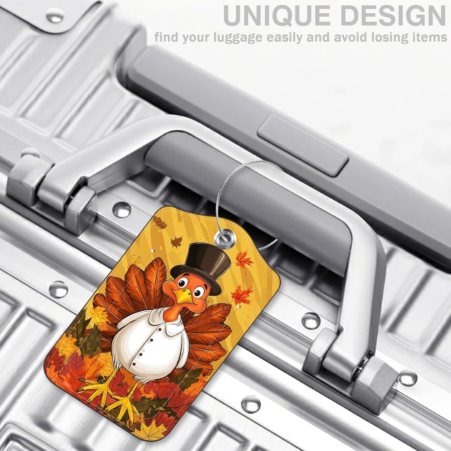 2 Pcs Autumn Turkey Luggage Tags for Suitcases PU Leather Baggage Tags Name ID Label with Privacy Cover and Stainless Steel Loop for Men Women Travel Bag Suitcase