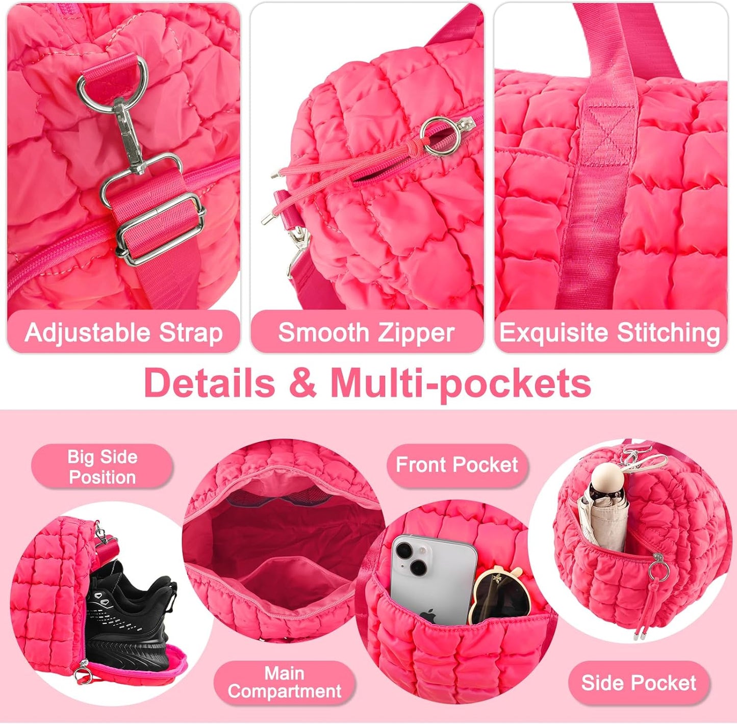 Quilted Travel Duffle Bag Gym Bag for Women,Large Puffer Duffle Weekender Bag with Compartment,Workout Overnight Carry on Organizer Bag Duffle Bag for Airplane Travel(Rosered)