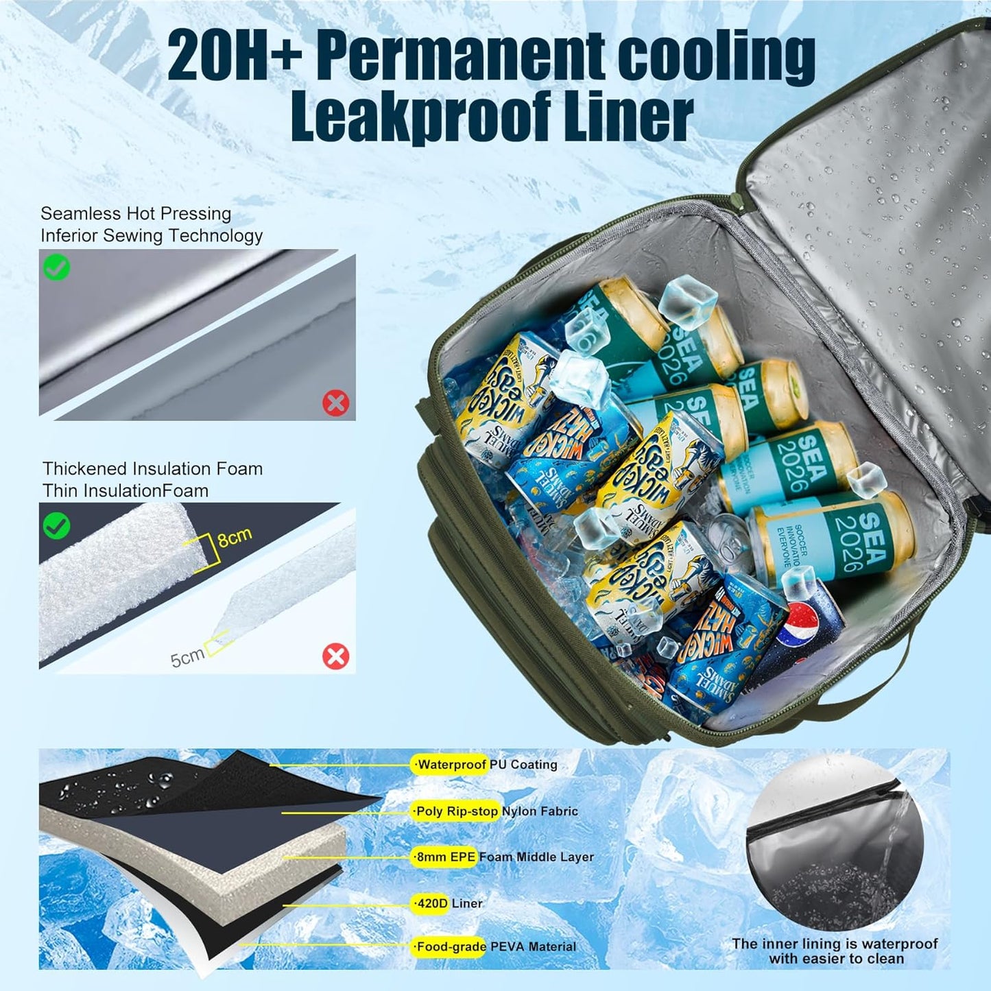 Backpack Cooler Insulated Leak Proof for Men Women 50 Cans Soft Cooler Backpack Insulated Waterproof Large Capacity Coolers Bag Portable for Lunch Camping Travel Picnic Hiking