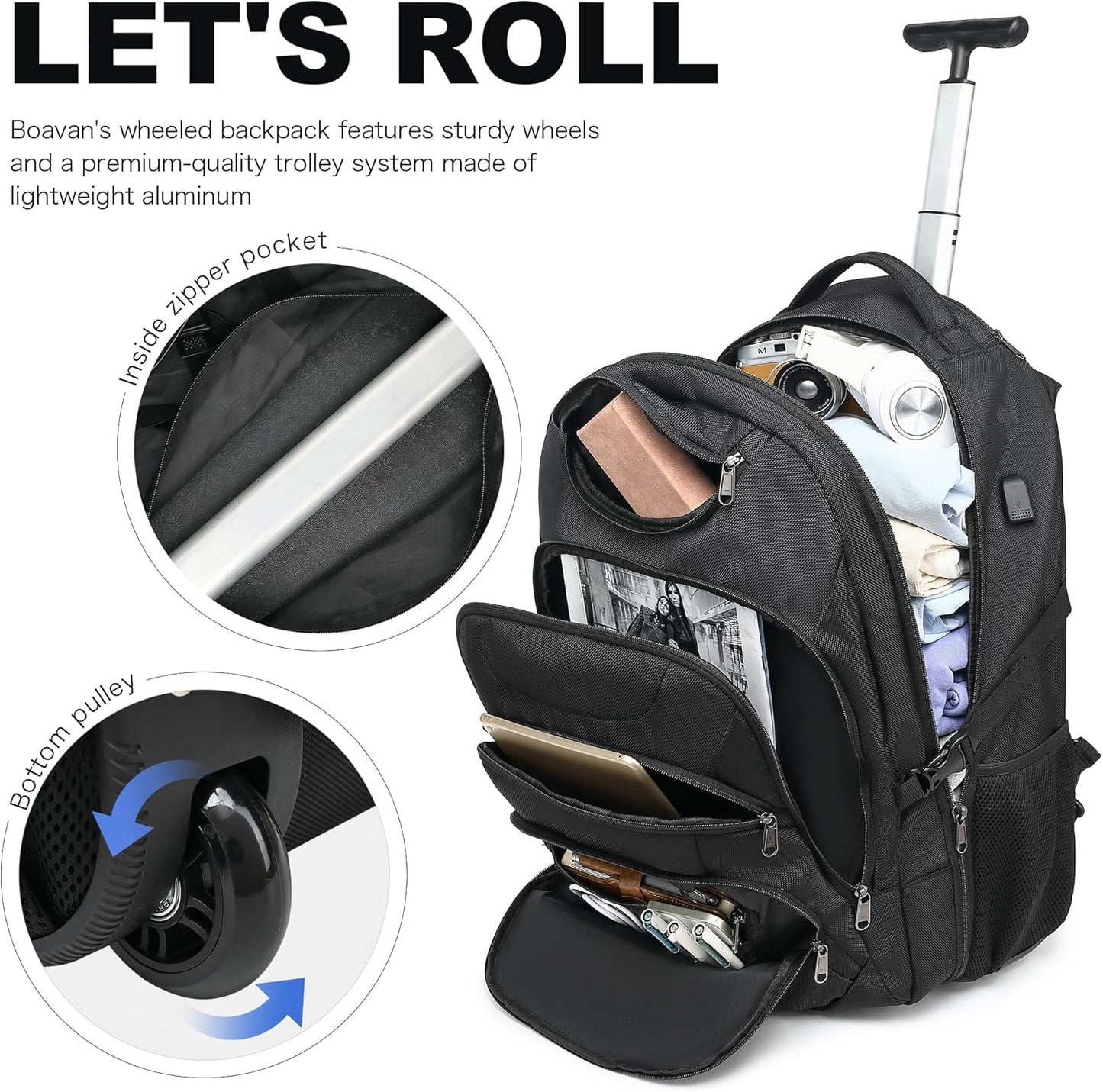 Boavan Wheeled Backpack,18.4 inch Water Resistant Rolling Backpack,Carry on Luggage Business Bag, Overnight College Computer Backpacks Trolley Suitcase for Men Women Adults to Travel，Black