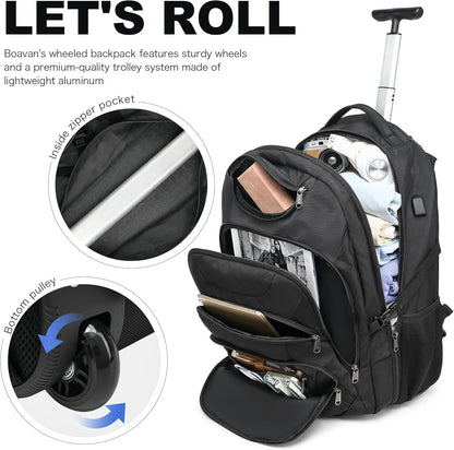 Boavan Wheeled Backpack,18.4 inch Water Resistant Rolling Backpack,Carry on Luggage Business Bag, Overnight College Computer Backpacks Trolley Suitcase for Men Women Adults to Travel，Black