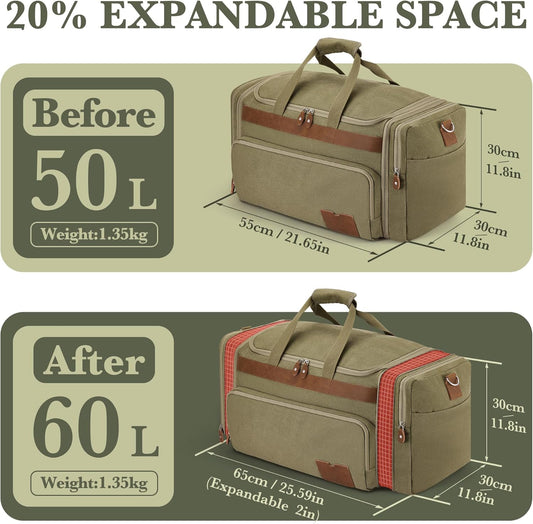 SHOWKOO Duffle Bag for Travel 60L Expandable Canvas Travel Bag Durable Vintage Weekender Overnight Carry On Bag for Men(Army Green)
