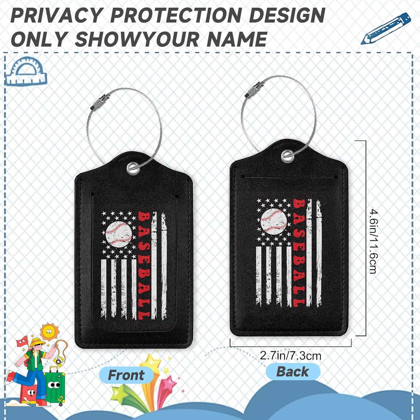 2 Pack Leather Luggage Tag for Suitcase Vintage Baseball American Flag Unique Travel Tags with Privacy Cover ID Label & Stainless Steel Loop for Men and Women Baggage