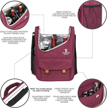 Insulated Red Wine Edition Carrier | 2-3 Bottle Travel Bag With Stainless Steel Tumblers | Cooler Tote for Travel - Great Gift for Wine Lovers (Red)