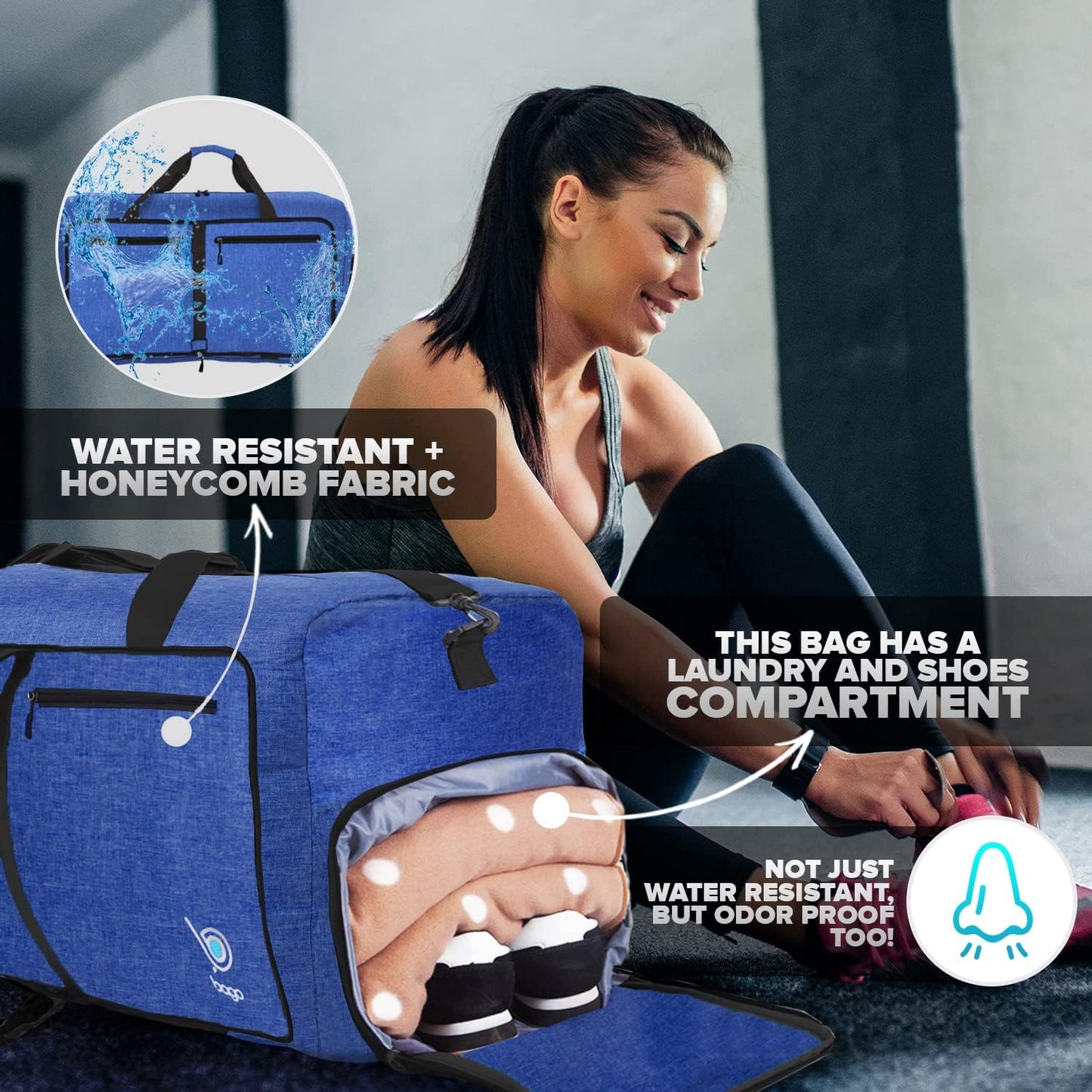 Bago Large Foldable Duffel Bags for Traveling Women & Men - 80L Packable Duffle Bag for Travel with Shoe Compartment - Water Repellant, Heavy Duty, Lightweight Folding & Collapsible (SnowDepBlue)