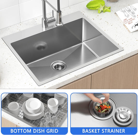 25x22 Inch Drop In Kitchen Sink, 25 Inch Kitchen Sink Top Mount 18 Gauge 304 Stainless Steel Single Bowl KitchenSink With Grid Handmade Topmount KitchenSink Drop In