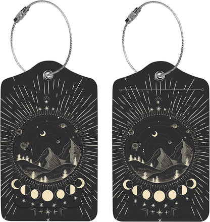 2 Pcs Luggage Tags for Suitcase, Cute Unique PU Leather Travel Bag Tag with Privacy Cover ID Label Address Card and Durable Metal Ring Suitable for Men Women Children Backpack,Mountain Range