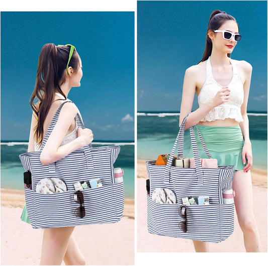LEDAOU Large Beach Tote Bag Women Waterproof Sandproof Zipper Beach Tote Bag for Pool Gym Grocery Travel with Wet Pocket