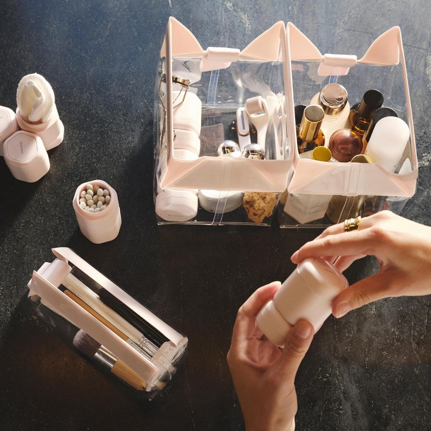 Cadence Travel Containers - Body Care Capsule Set - Magnetic Containers with Lids,Carry On Travel Essentials for Women/Men - 3 Flex Mediums (1.32oz) - Body Wash, Lotion & Sun Icon Labels - Petal