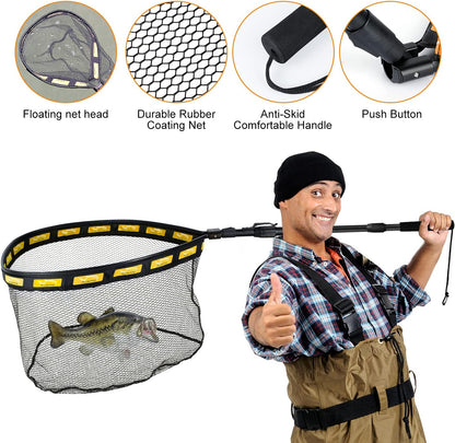 PLUSINNO Floating Fishing Net for Steelhead, Salmon, Fly, Kayak, Bass, Trout Fishing, Catfish, Rubber Coated Landing Net for Easy Catch & Release for Easy Transportation & Storage