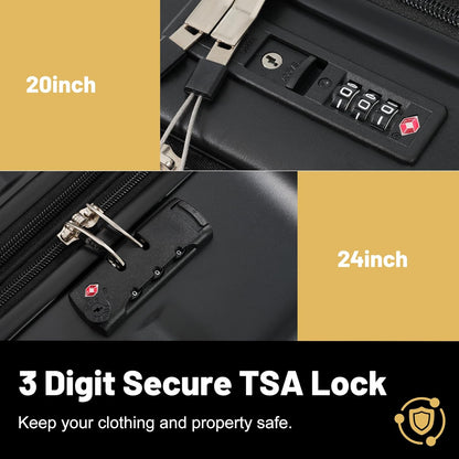 Merax Luggage Sets Front Opening, 2 Piece Hardshell Suitcase with Spinner Wheels and Bags,Lightweight Carry on Luggage with USB Port,20+24,Black