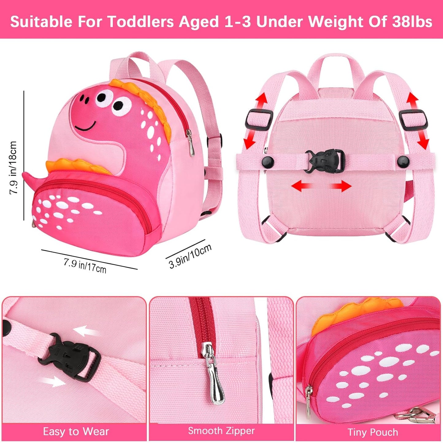 Accmor Toddler Harness Backpack with Leash, Cute Dinosaur Kid Backpacks with Anti Lost Wrist Link, Mini Child Harness Leash Walking Wristband Baby Protection Belt for Girls Aged 1-3 Years