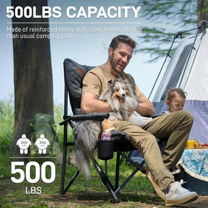 EVER ADVANCED Padded Oversized Folding Camping Chair for Adults, Heavy Duty Lawn Chair with Side Pockets, Portable Collapsible Quad Chair for Outside, Support Up to 500lbs, Black