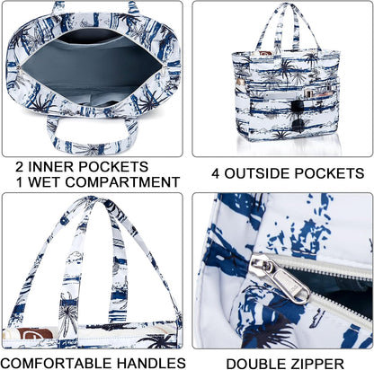 LEDAOU Large Beach Tote Bag Women Waterproof Sandproof Zipper Beach Tote Bag for Pool Gym Grocery Travel with Wet Pocket