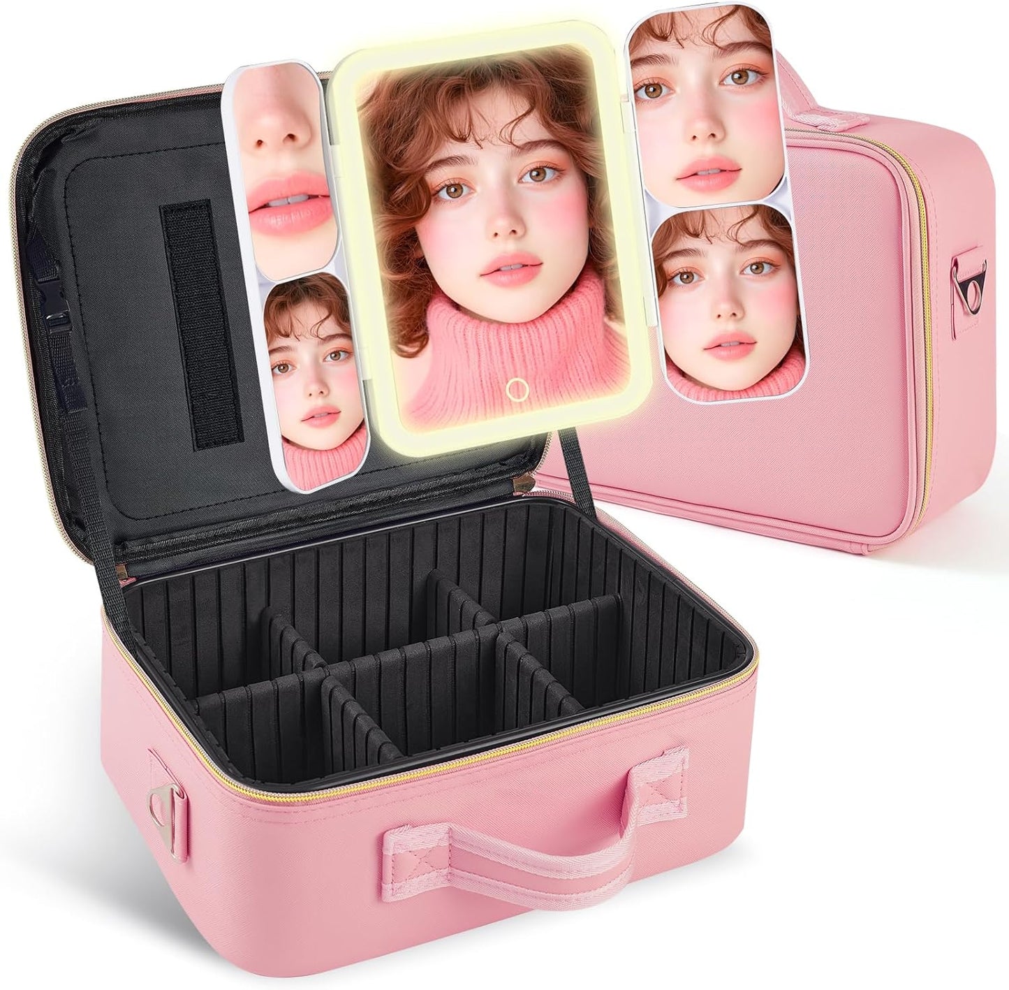 Mid-Size Makeup Bag with LED 1X5X10X20X30X Magnifying Mirror and Travel Makeup Train Case Cosmetic Organiser with Mirror and Separate Makeup Brush Panel, Portable Adjustable Divider, Pink