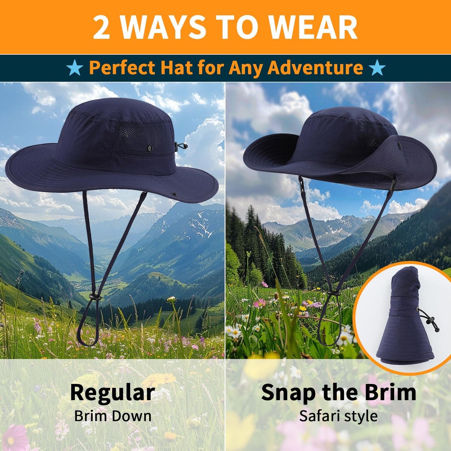 Home Prefer UPF50+ Mens Sun Hat Wide Brim Womens UV Protection Beach Bucket Hat for Fishing Hiking Snap Up Cowboy Hat