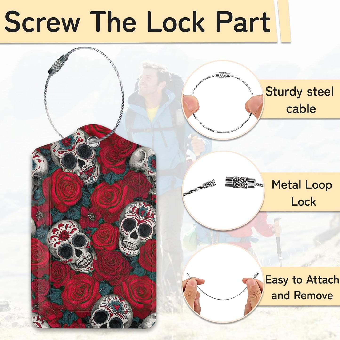 3 Pack PU Sugar Skull and Flowers Leahter Luggage Tag with Stainless Steel Loop,Travel Suitcase Labels with Privacy Cover ID Label Quickly Spot for Bags