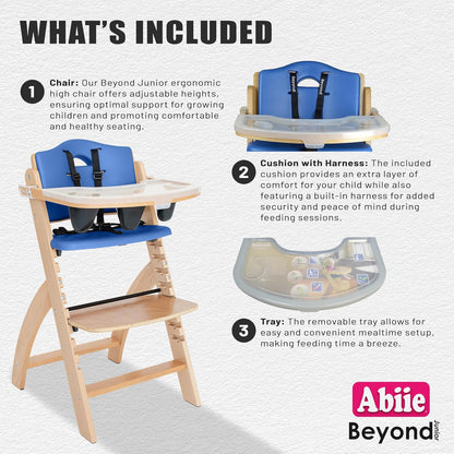 Abiie Beyond Junior Wooden High Chair with Tray - Adjustable and Convertible High Chair for Babies and Toddlers - 6 Months to 250 Lb - Water Resistant - Natural Wood/Blueberry Cushion
