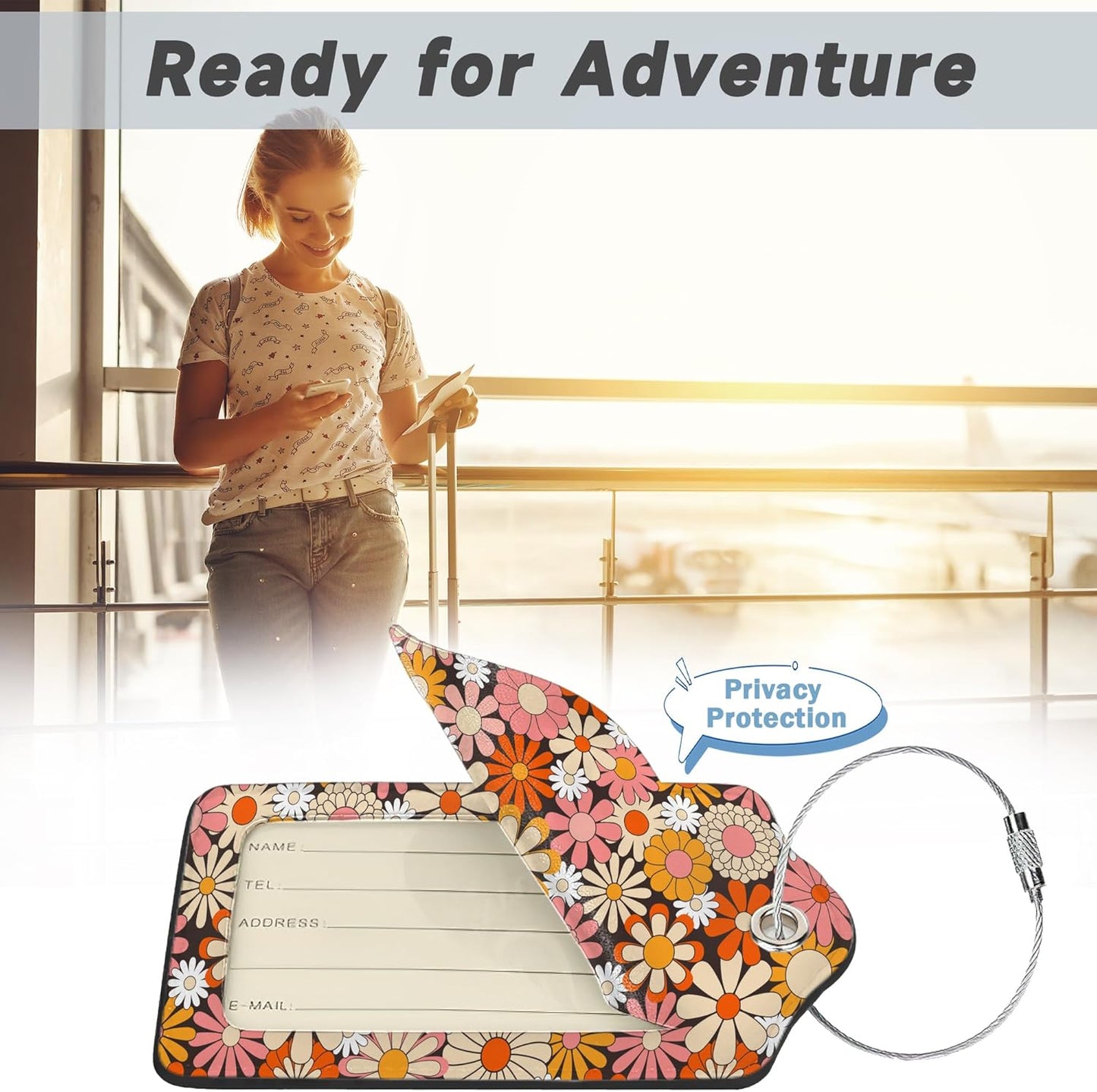 2 Pack Luggage Tag for Suitcase,Vintage Groovy Flowers Leather Suitcase Tags Identifiers with Privacy Name Address Labels and Durable Steel Loop for Women Men Travel