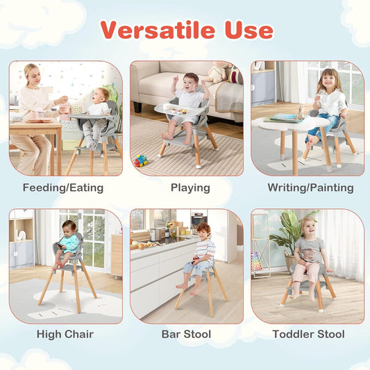 HONEY JOY Baby High Chair, 6 in 1 Convertible Wooden Highchair for Babies and Toddlers/Chair/Bar Stool, Removable Double Tray & Reversible Footrest, Safety Harness for Infant Boys Girls (Dark Gray)