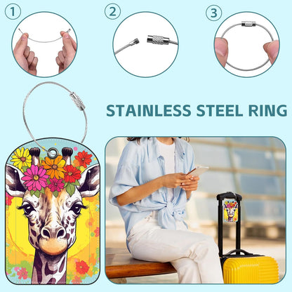 Funny Giraffe Luggage Tag for Suitcase Set of 2 PU Leather Cute Luggage Tags with Stainless Metal Loop ID Label Privacy Flap Suitcase Tags for Women and Men Travel